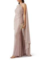 Halter-Cape Ruched Evening Gown
